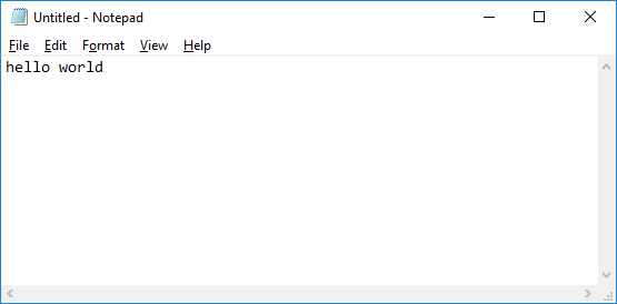 Notepad window showing 'hello world'